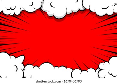 Comic Book Cartoon Speech Bubble For Text. Cartoon Puff Cloud Red Background For Text Template. Pop Art Dialog Conversation Funny Smoke Steam. Comics Explosion Symbol.