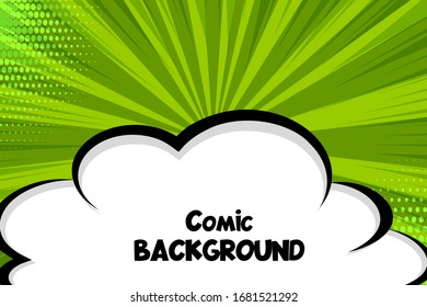 Comic book cartoon speech bubble cloud for text. Cartoon puff cloud green background for text template. Pop art dialog conversation funny smoke steam. Comics explosion.