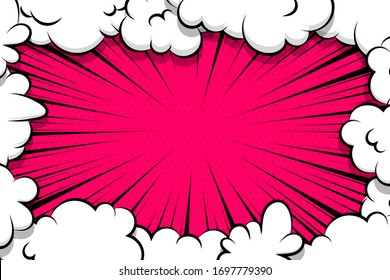 Comic Book Cartoon Speech Bubble For Text. Cartoon Puff Cloud Pink Background For Text Template. Pop Art Dialog Conversation Funny Smoke Steam. Comics Explosion Symbol.