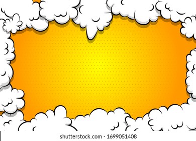 Comic book cartoon speech bubble for text. Cartoon puff cloud yellow background for text template. Pop art dialog conversation funny smoke steam. Comics explosion symbol.