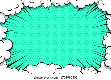 Comic book cartoon speech bubble for text. Cartoon puff cloud green background for text template. Pop art dialog conversation funny smoke steam. Comics explosion symbol.