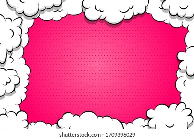 Comic book cartoon speech bubble for text. Cartoon puff cloud pink background for text template. Pop art dialog conversation funny smoke steam. Comics explosion symbol.