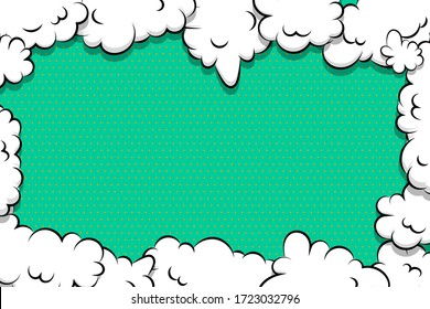 Comic book cartoon speech bubble for text. Cartoon puff cloud green background for text template. Pop art dialog conversation funny smoke steam. Comics explosion symbol.