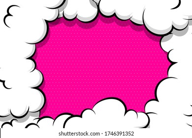 Comic book cartoon speech bubble for text. Cartoon puff cloud pink background for text template. Pop art dialog conversation funny smoke steam. Comics explosion symbol.