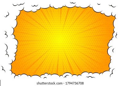 Comic book cartoon speech bubble for text. Cartoon puff cloud yellow background for text template. Pop art dialog conversation funny smoke steam. Comics explosion symbol.