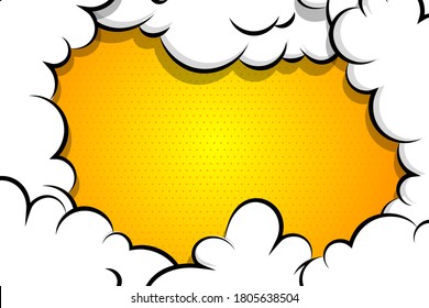 Comic book cartoon speech bubble for text. Cartoon puff cloud yellow background for text template. Pop art dialog conversation funny smoke steam. Comics explosion symbol.