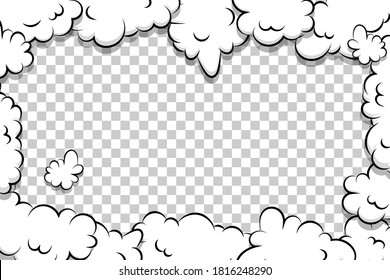 Comic book cartoon speech bubble for text. Cartoon puff cloud template on transparent background for text. Pop art dialog conversation funny smoke steam. Comics explosion symbol.