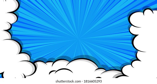 Comic book cartoon speech bubble for text. Cartoon puff cloud blue background for text template. Pop art dialog conversation funny smoke steam. Comics explosion symbol.