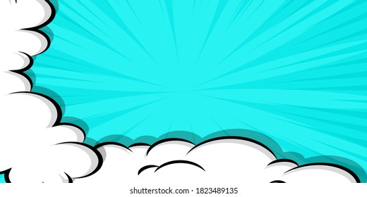 Comic book cartoon speech bubble for text. Cartoon puff cloud blue background for text template. Pop art dialog conversation funny smoke steam. Comics explosion symbol.