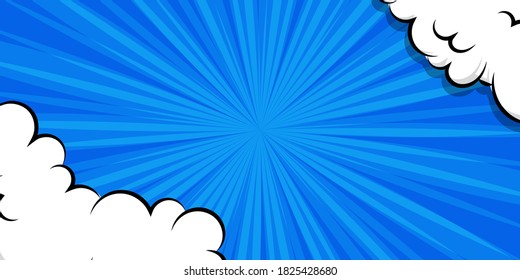 Comic book cartoon speech bubble for text. Cartoon puff cloud blue background for text template. Pop art dialog conversation funny smoke steam. Comics explosion symbol.