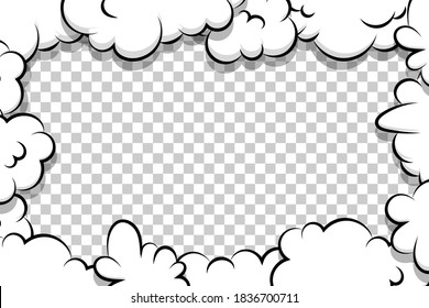 Comic book cartoon speech bubble for text. Cartoon puff cloud template on transparent background for text. Pop art dialog conversation funny smoke steam. Comics explosion symbol.