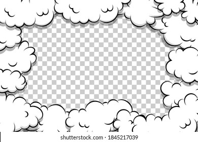 Comic book cartoon speech bubble for text. Cartoon puff cloud template on transparent background for text. Pop art dialog conversation funny smoke steam. Comics explosion symbol.