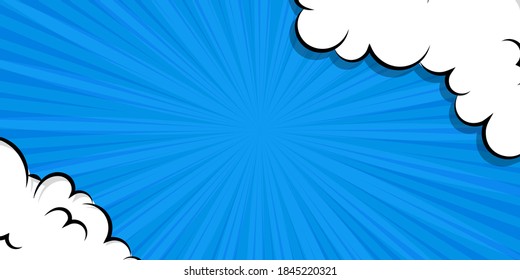 Comic book cartoon speech bubble for text. Cartoon puff cloud blue background for text template. Pop art dialog conversation funny smoke steam. Comics explosion symbol.