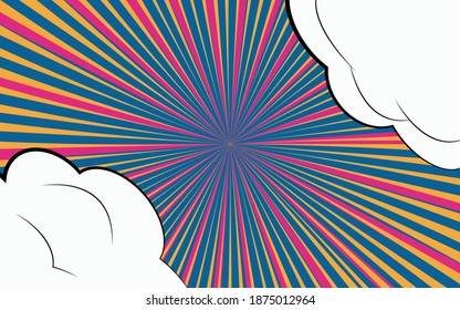 Comic book cartoon speech bubble for text. Cartoon puff cloud motley background for text template. Pop art dialog conversation funny smoke steam. Comics explosion symbol. Beam radial.