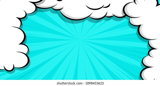 Comic book cartoon speech bubble for text. Cartoon puff cloud blue background for text template. Pop art dialog conversation funny smoke steam. Comics explosion symbol.