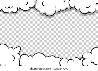 Comic book cartoon speech bubble for text. Cartoon puff cloud template on transparent background for text. Pop art dialog conversation funny smoke steam. Comics explosion symbol.