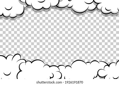 Comic book cartoon speech bubble for text. Cartoon puff cloud template on transparent background for text. Pop art dialog conversation funny smoke steam. Comics explosion symbol.