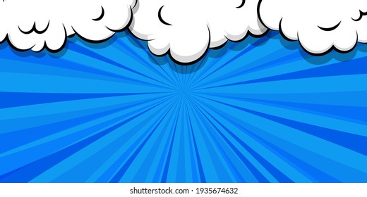 Comic book cartoon speech bubble for text. Cartoon puff cloud blue background for text template. Pop art dialog conversation funny smoke steam. Comics explosion symbol.