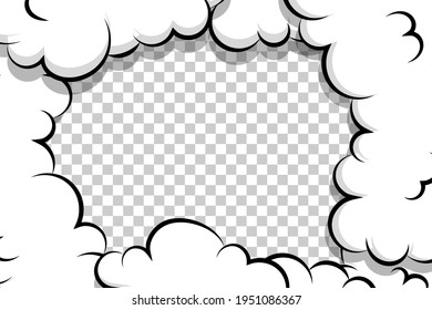 Comic book cartoon speech bubble for text. Cartoon puff cloud template on transparent background for text. Pop art dialog conversation funny smoke steam. Comics explosion symbol.