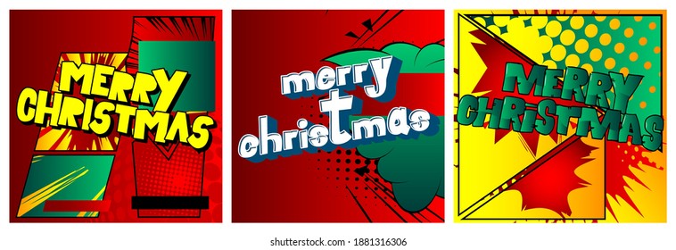 Comic book Christmas card template. Vector graphic for holiday slide, banners and web design with cartoon elements.