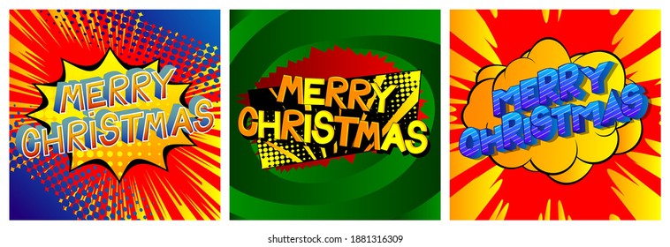 Comic book Christmas card template. Vector graphic for holiday slide, banners and web design with cartoon elements.