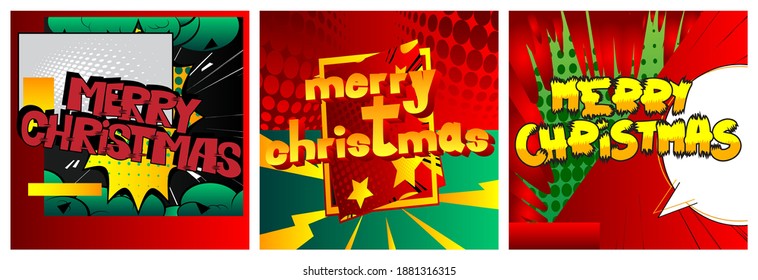 Plantilla de la tarjeta de Navidad del libro de historietas. Gráfico vectorial para diapositivas de vacaciones, banners y diseño web con elementos de dibujos animados.