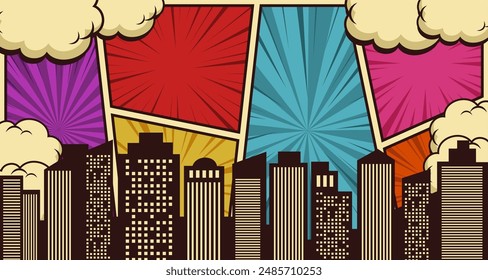 Fondo De La Ciudad Del Cómic Aislado Sobre Fondo Del Cómic. Ilustración vectorial En Estilo Plano.