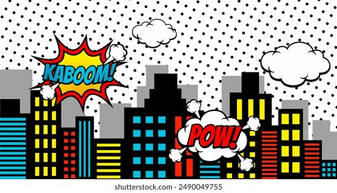 Comic Book City Background Isolated On pop art Background. Vector Illustration In Flat Style.