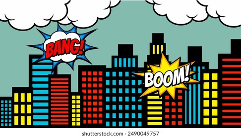 Comic Book City Background Isolated On pop art Background. Vector Illustration In Flat Style.