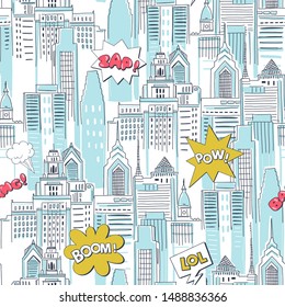 Comic Book City Vector Cartoon Seamless Pattern. Vintage Superhero Action Texture. Skyscrapers And Fight Bubbles Decorative Background. Childish Wallpaper, Wrapping Paper, Textile Design