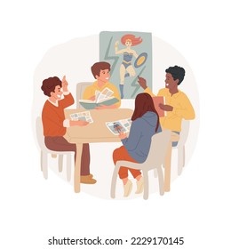 Comic book club isolated cartoon vector illustration. Group of teenagers sitting at table reading, discuss comic book, club member, middle school hobby, meeting in library vector cartoon.