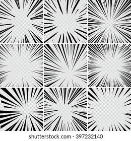 Comic book collection of Explosion set superhero pop art style black and white radial lines background. Manga or anime speed frame.