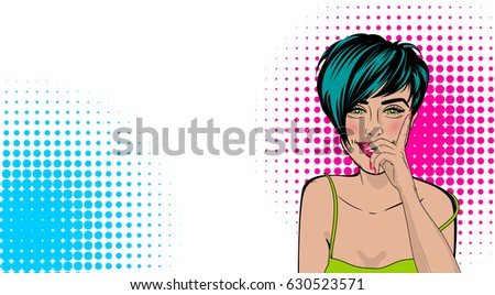 Comic book colored halftone background. Beautiful sexy positive pop-art girl short hair hand close smile, pink lips style pop art woman. Vector dot illustration. For text advertisement.