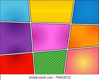 Comic book colorful background with different halftone and dotted effects in pop-art style. Blank template. Vector illustration