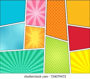 Comic book colorful background with halftone, rays, dotted, radial effects in different colors. Pop art style. Vector illustration