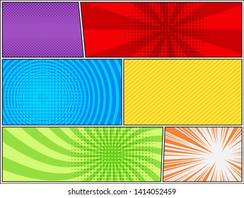 Comic book colorful background with radial slanted lines halftone rays circles effects. Vector illustration