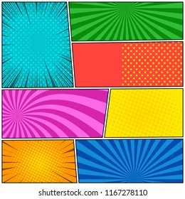Comic book colorful background with rays radial halftone and dotted effects. Vector illustration