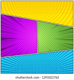 Comic book colorful background with rays halftone radial circles dotted humor effects. Vector illustration