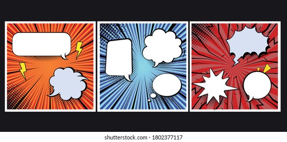 Comic book colorful background with rays, radial, dotted and halftone effects in blue, orange, red colors. Vector illustration.