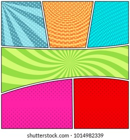 Comic book colorful background with six frames radial circles and halftone humor effects in different colors in pop-art style. Blank template. Vector illustration