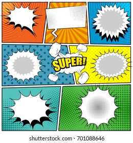 Comic book colorful background with speech bubbles, radial, sound, halftone and dotted effects. Vector illustration