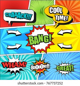 Comic book colorful background with speech bubbles of different shapes, inscriptions, radial, halftone and dotted effects in various colors. Vector illustration