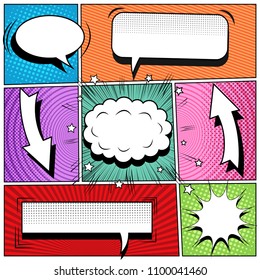 Comic book colorful background with white speech bubbles sound stars circles halftone rays slanted lines and radial humor effects. Vector illustration