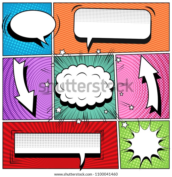 Comic book colorful background with\
white speech bubbles sound stars circles halftone rays slanted\
lines and radial humor effects. Vector\
illustration