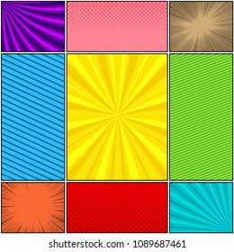 Comic Book Colorful Backgrounds Set In Square And Rectangle Shapes With Halftone Rays Dotted Radial Slanted Lines Effects. Vector Illustration