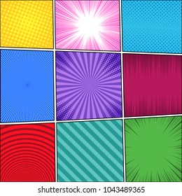 Comic book colorful bright template with rays, circle, radial, striped and halftone effects in different colors. Vector illustration