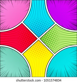 Comic book colorful bright template with radial rays and halftone humor effects. Vector illustration