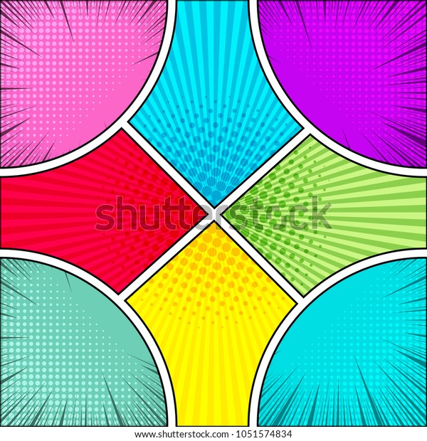 Comic book colorful bright\
template with radial rays and halftone humor effects. Vector\
illustration
