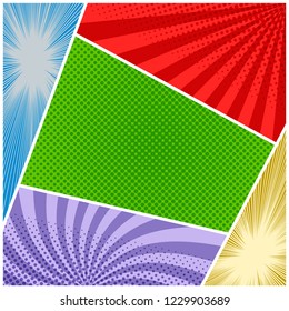 Comic book colorful composition with halftone rays dotted radial effects in pop-art style and white dividing lines. Vector illustration