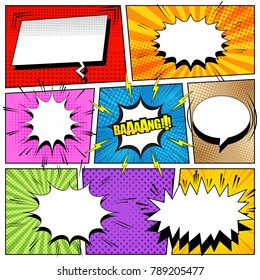 Comic book colorful composition with speech bubbles, arrow, lightnings, sound, rays and different halftone effects, funny bright radial and dotted backgrounds. Pop-art style. Vector illustration